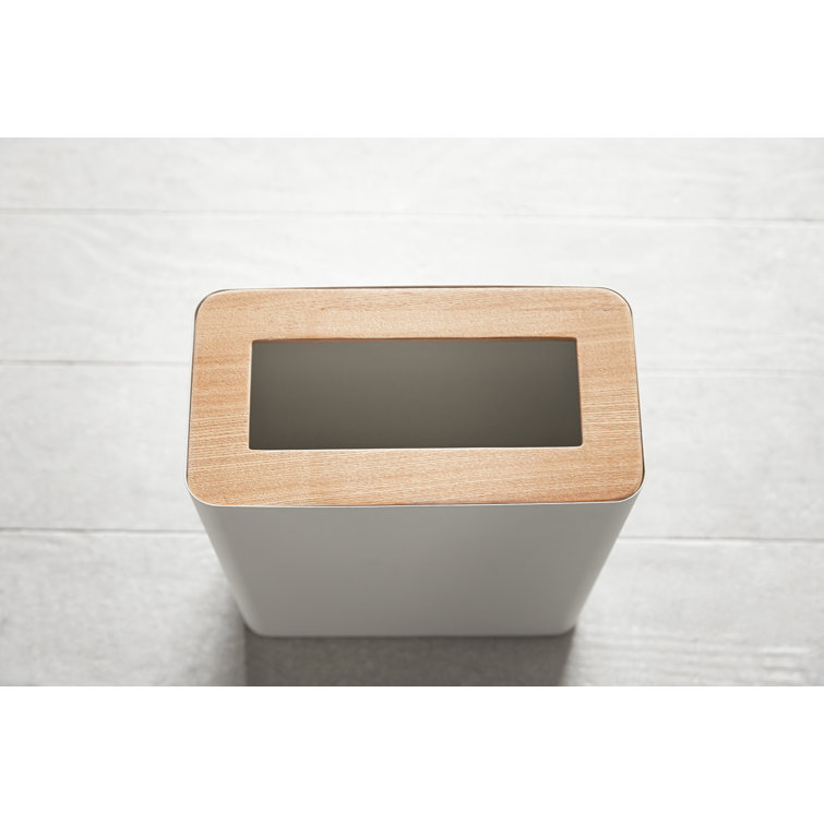 Modern White Steel & Wood Slim Rectangular Wastebasket, 2.5 Gallons