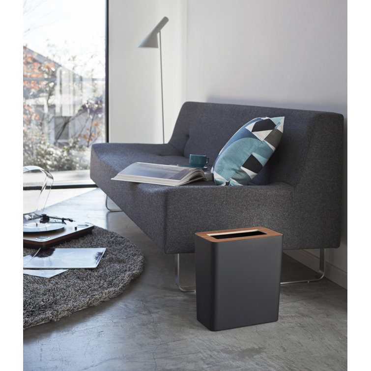 Modern Black Steel & Wood Slim Rectangular 2-Gallon Trash Can