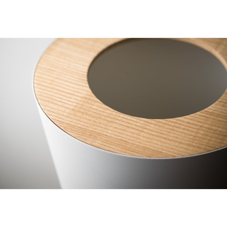 White Ash and Steel Round Trash Can with Wooden Cover