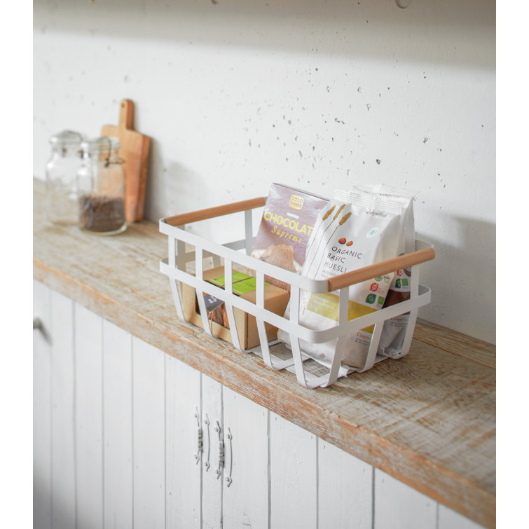 Tosca White Steel and Natural Wood Dual-Handle Storage Basket