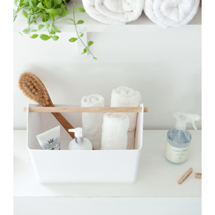 Modern White Plastic Storage Caddy with Sleek Wood Handle