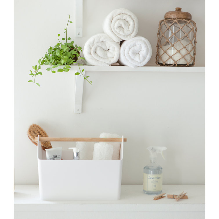 Modern White Plastic Storage Caddy with Sleek Wood Handle