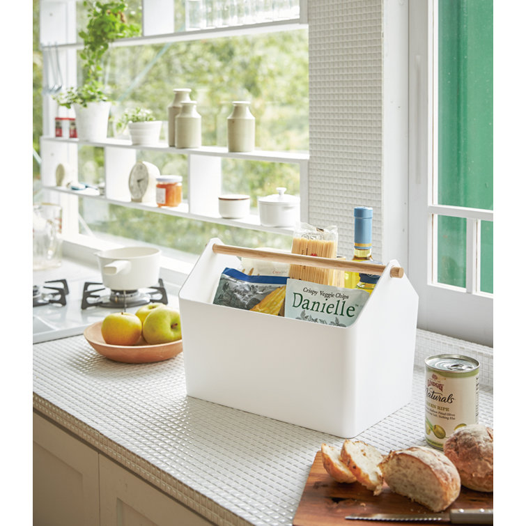 Modern White Plastic Storage Caddy with Sleek Wood Handle