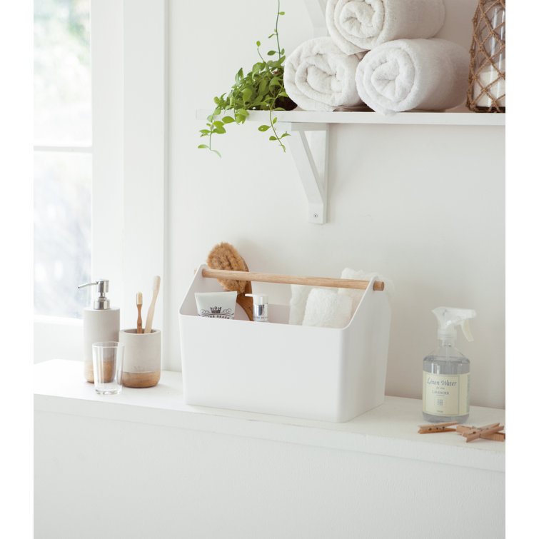 Modern White Plastic Storage Caddy with Sleek Wood Handle