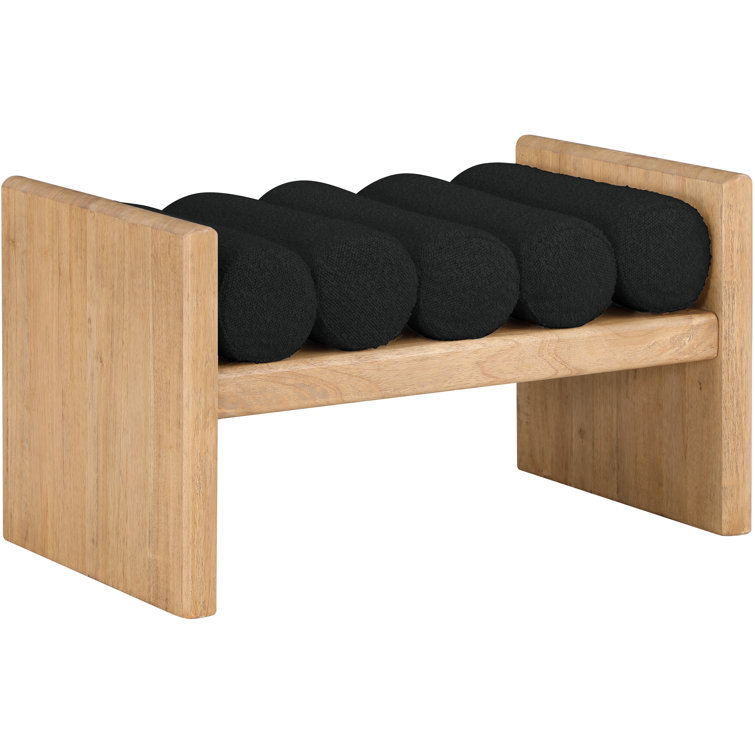 Natural Rubber Wood Bench with Black Boucle Cushion Rolls