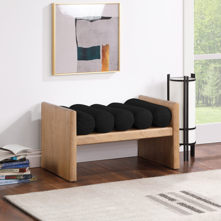 Natural Rubber Wood Bench with Black Boucle Cushion Rolls