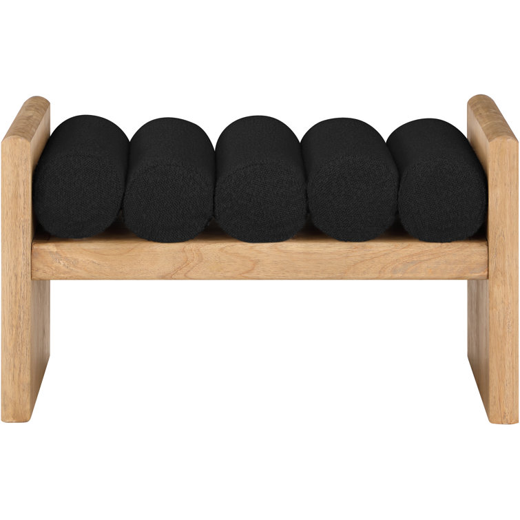 Natural Rubber Wood Bench with Black Boucle Cushion Rolls