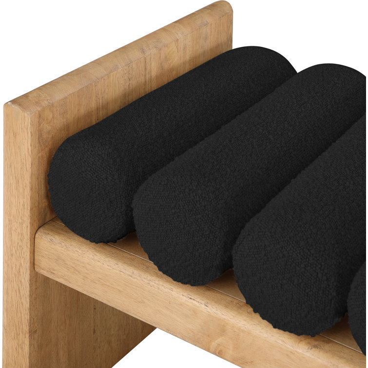 Natural Rubber Wood Bench with Black Boucle Cushion Rolls