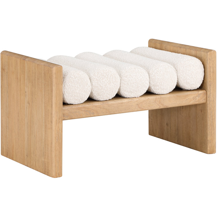 H-Shaped Solid Rubberwood Bench with Cream Boucle Cushions