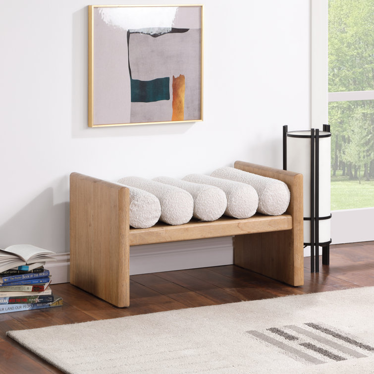 H-Shaped Solid Rubberwood Bench with Cream Boucle Cushions