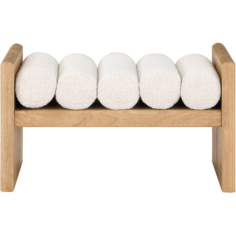 H-Shaped Solid Rubberwood Bench with Cream Boucle Cushions