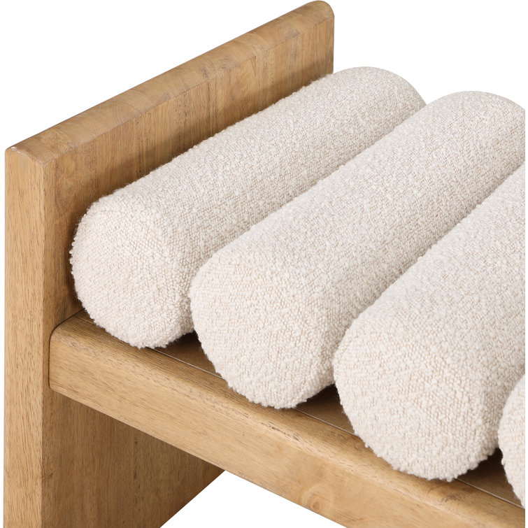 H-Shaped Solid Rubberwood Bench with Cream Boucle Cushions