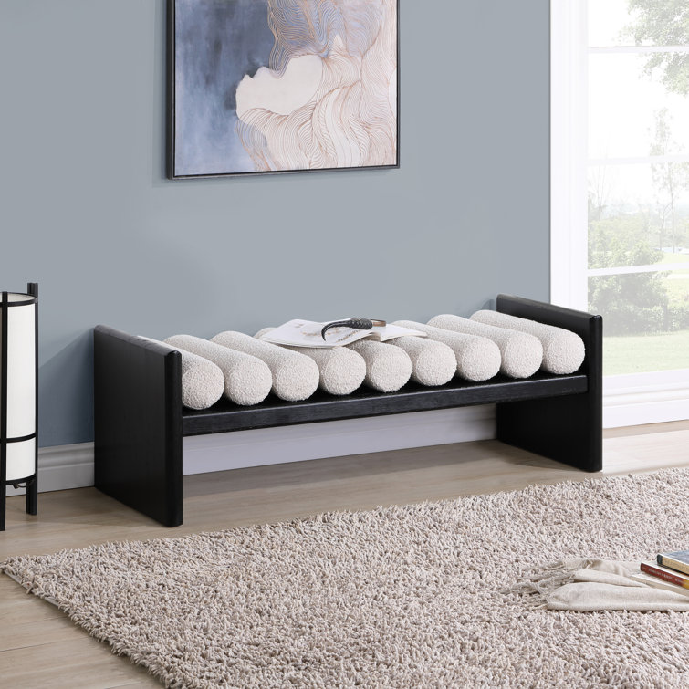 Contemporary Black Wood Bench with Rich Green Boucle Cushion