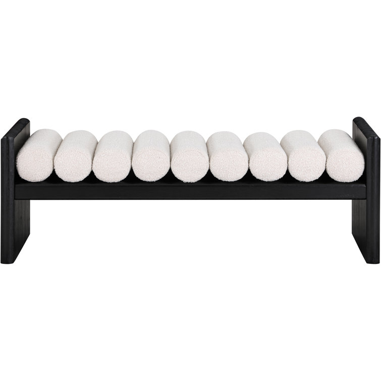 Contemporary Black Wood Bench with Rich Green Boucle Cushion