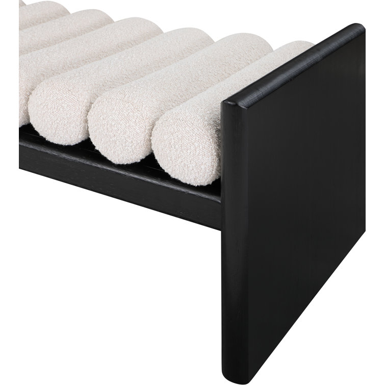 Contemporary Black Wood Bench with Rich Green Boucle Cushion