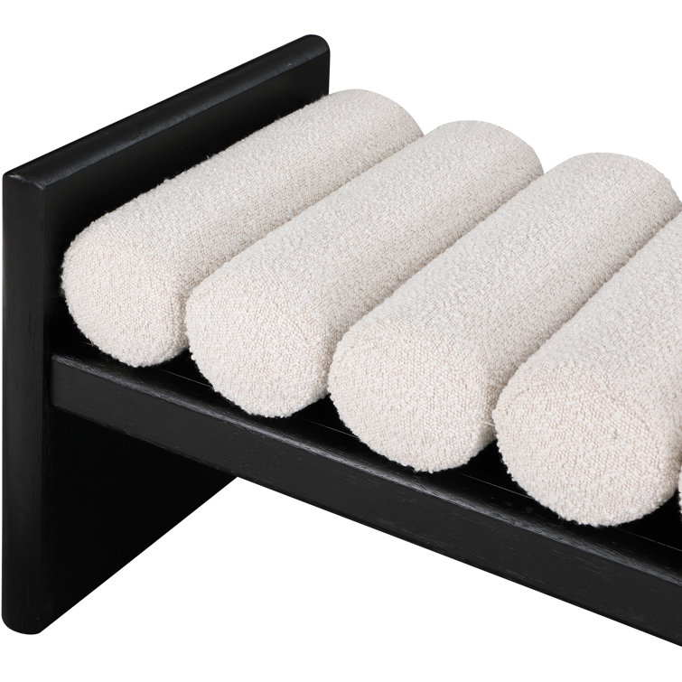 Contemporary Black Wood Bench with Rich Green Boucle Cushion