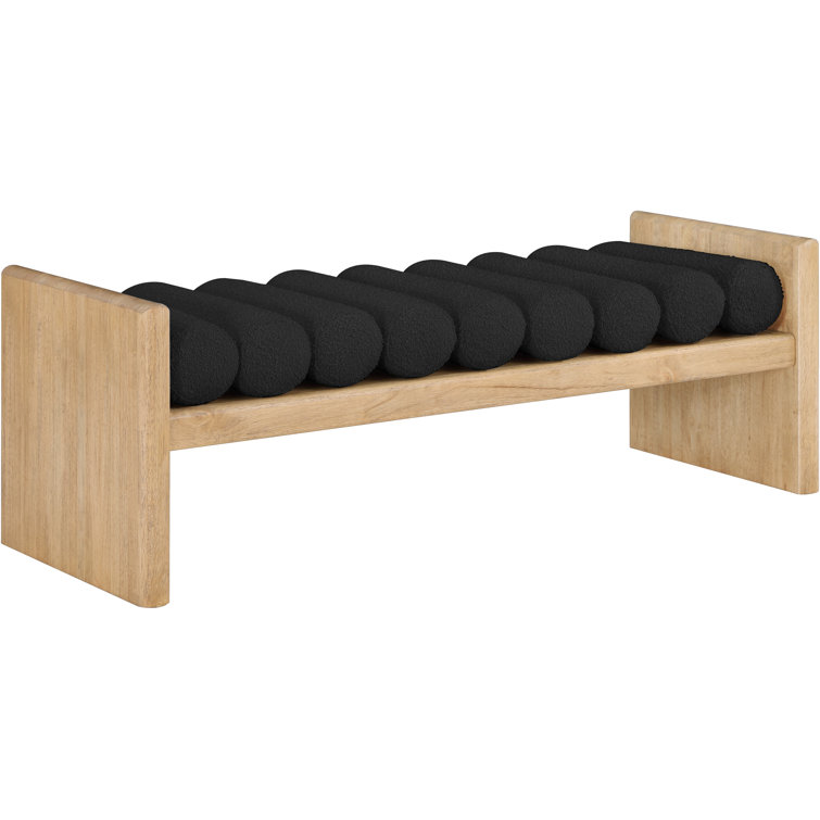 Natural Wood Bench with Black Boucle Fabric Cushions
