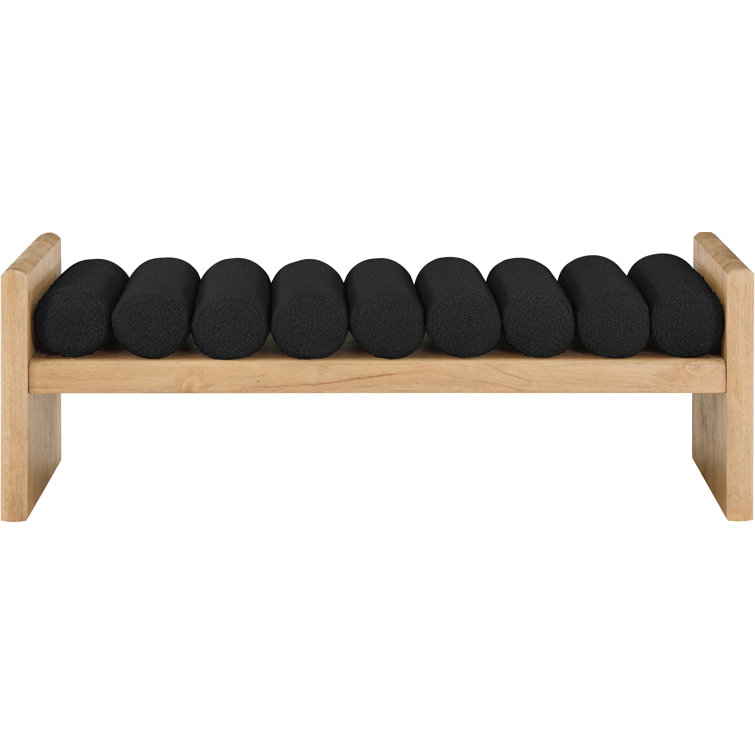 Natural Wood Bench with Black Boucle Fabric Cushions