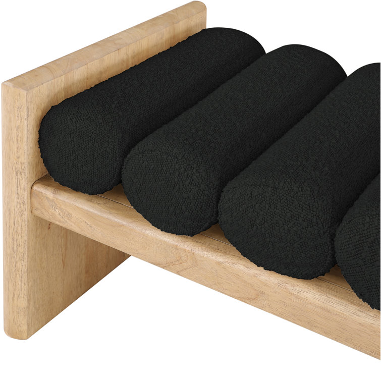 Natural Wood Bench with Black Boucle Fabric Cushions