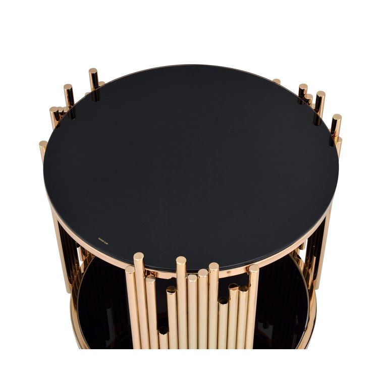 Tanquin 25" Round Black Glass & Gold Metal End Table