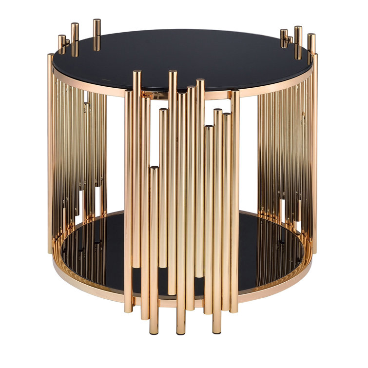 Tanquin 25" Round Black Glass & Gold Metal End Table