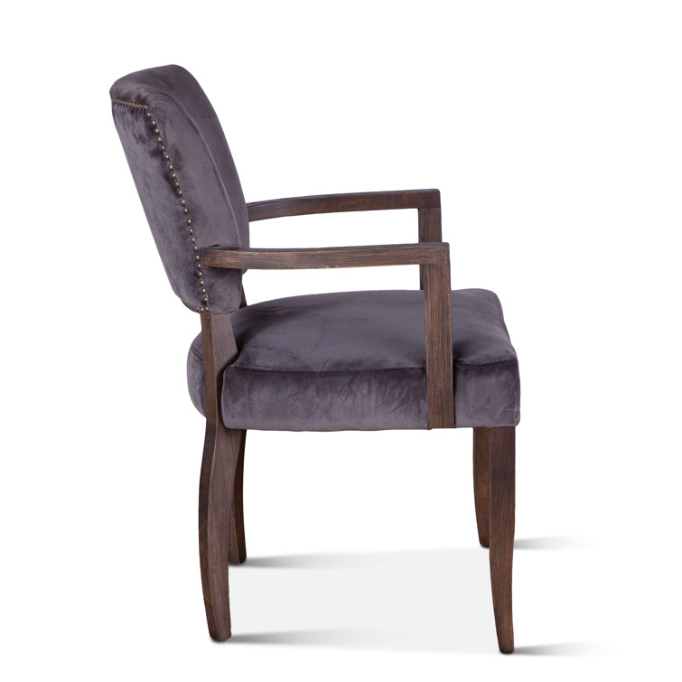 Asphalt Gray Velvet Upholstered Arm Chair with Oak Frame