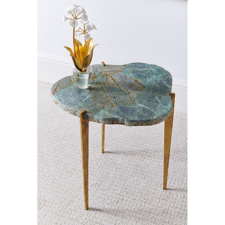Natural Green Malachite Veneer End Table with Gold Iron Legs