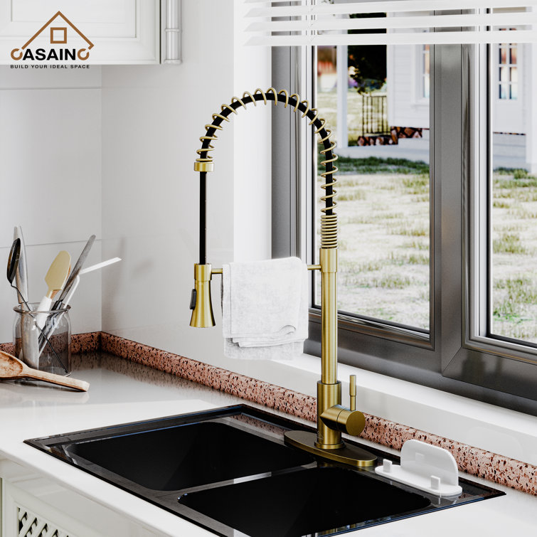 Brushed Gold Stainless Steel Pull-Down Kitchen Faucet with Spray Head