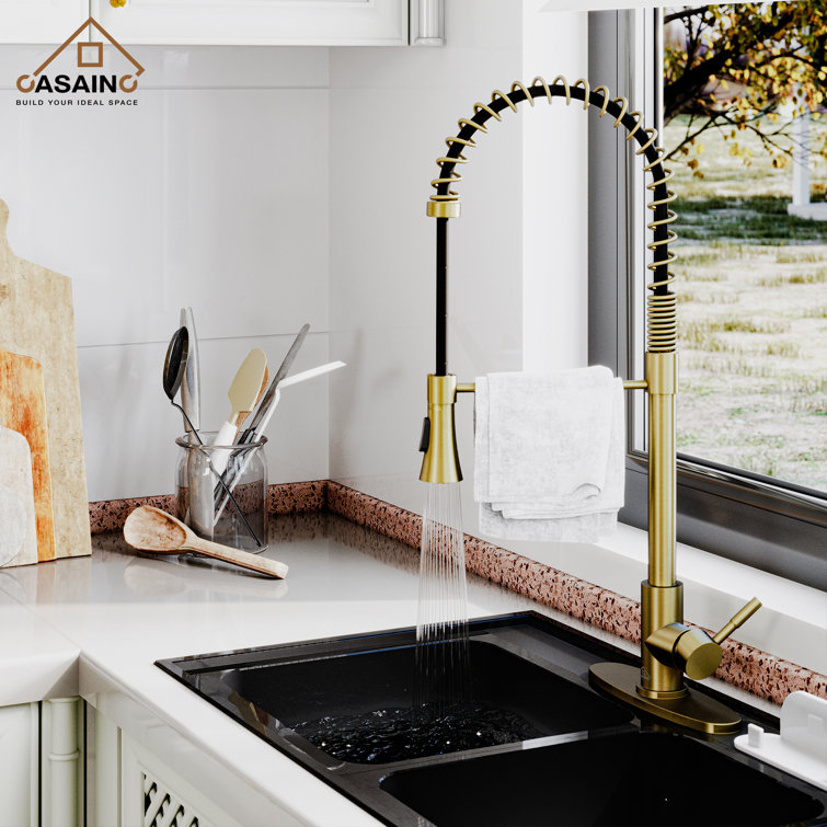 Brushed Gold Stainless Steel Pull-Down Kitchen Faucet with Spray Head