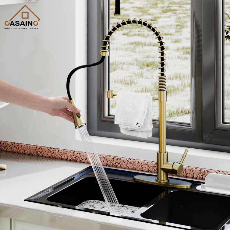 Brushed Gold Stainless Steel Pull-Down Kitchen Faucet with Spray Head