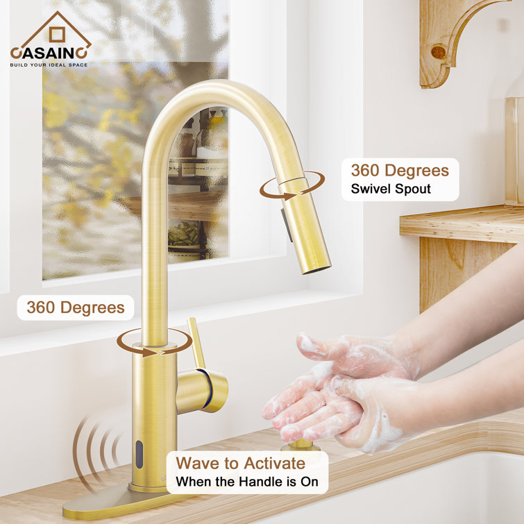 Brushed Gold Stainless Steel Pull-Down Kitchen Faucet with Infrared Sensor