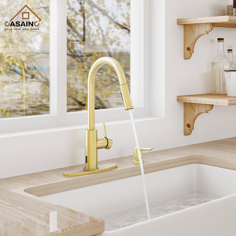 Brushed Gold Stainless Steel Pull-Down Kitchen Faucet with Infrared Sensor