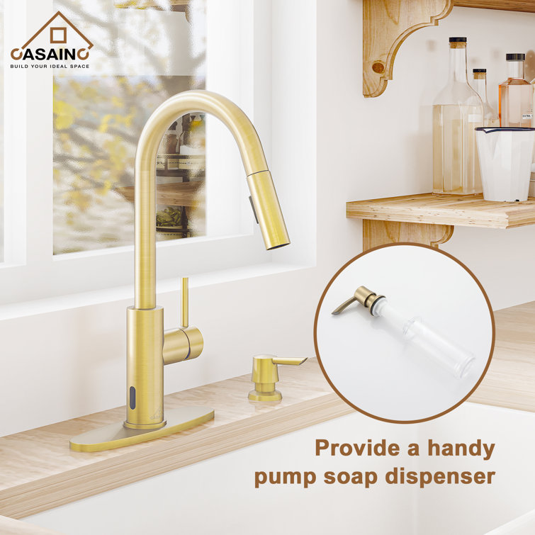 Brushed Gold Stainless Steel Pull-Down Kitchen Faucet with Infrared Sensor