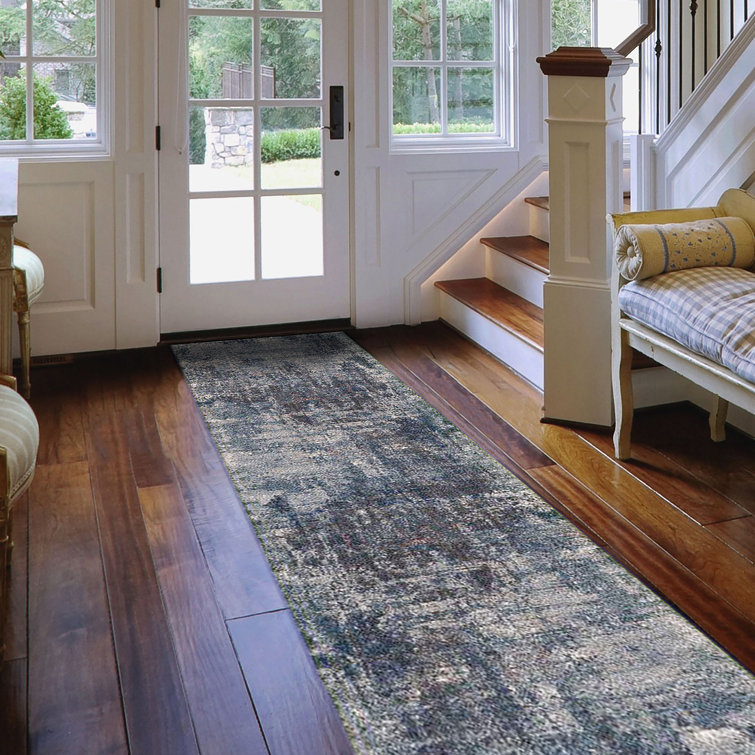Gray and Blue Synthetic Oriental Runner Rug 2'7" x 8'