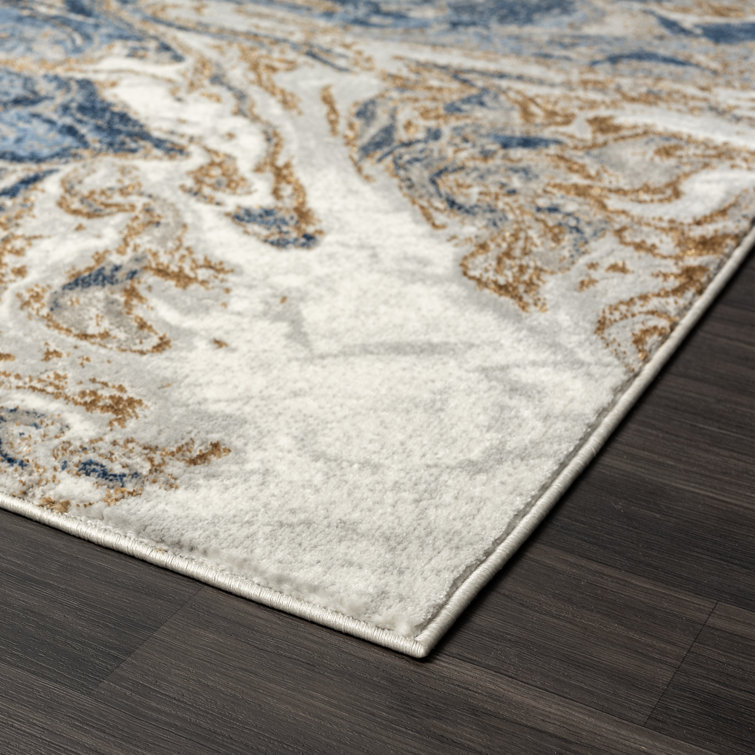 Modern Blue and Gold Abstract Marble Area Rug
