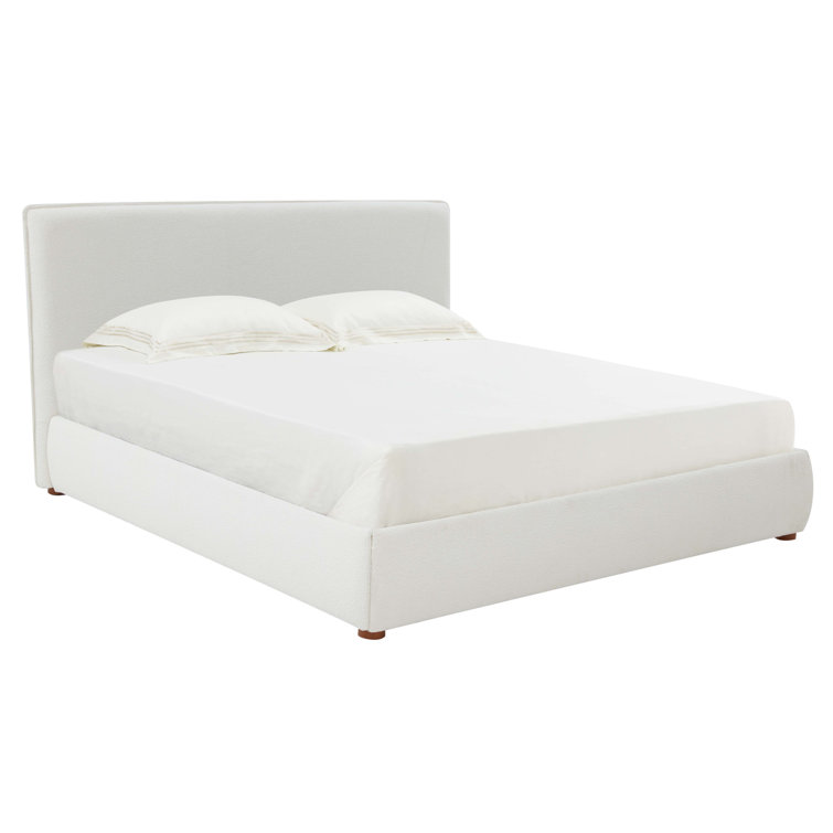 Ivory Boucle Upholstered Queen Bed with Birch Wood Legs