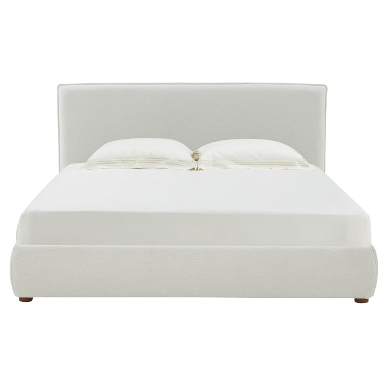 Ivory Boucle Upholstered Queen Bed with Birch Wood Legs