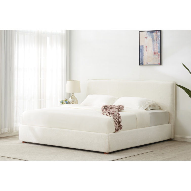 Ivory Boucle Upholstered Queen Bed with Birch Wood Legs