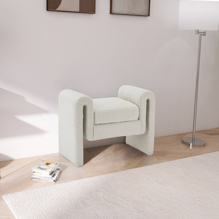 Cream Boucle Fabric Upholstered Bench with Curved Arms