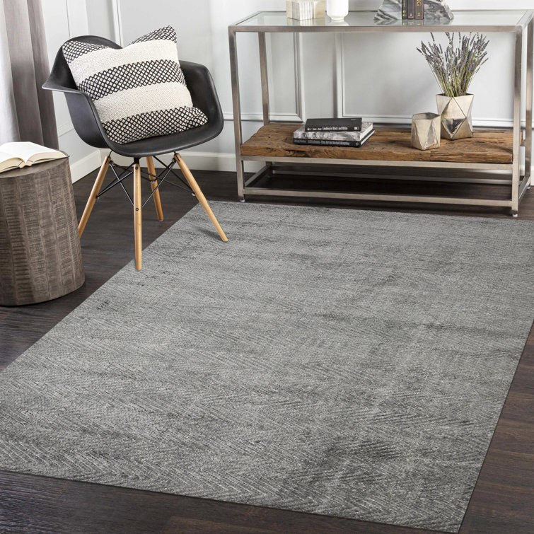 Charcoal Herringbone Hand-Knotted Viscose 8' x 10' Area Rug