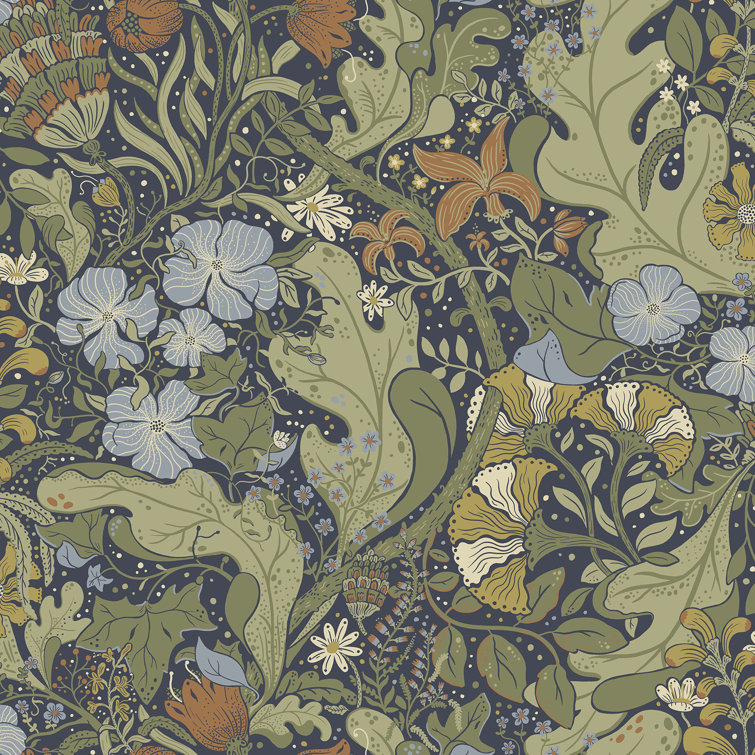 Indigo and Green Floral Removable Wallpaper Roll