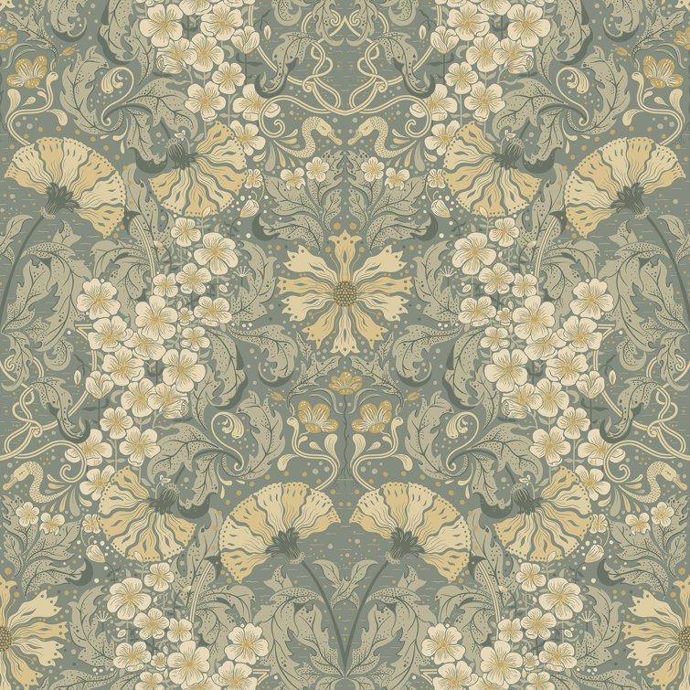 Ojvind Sea Green and Yellow Floral Damask Wallpaper Roll