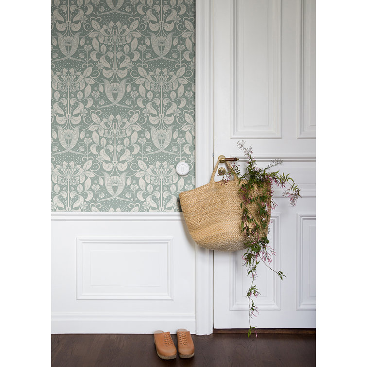Berit Blue and Beige Floral Crest Wallpaper Roll
