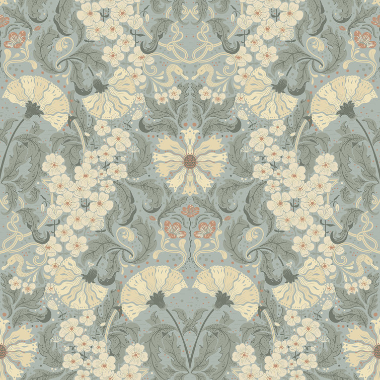 Light Blue and Beige Damask Floral Wallpaper Roll