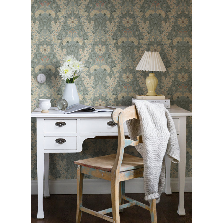 Light Blue and Beige Damask Floral Wallpaper Roll