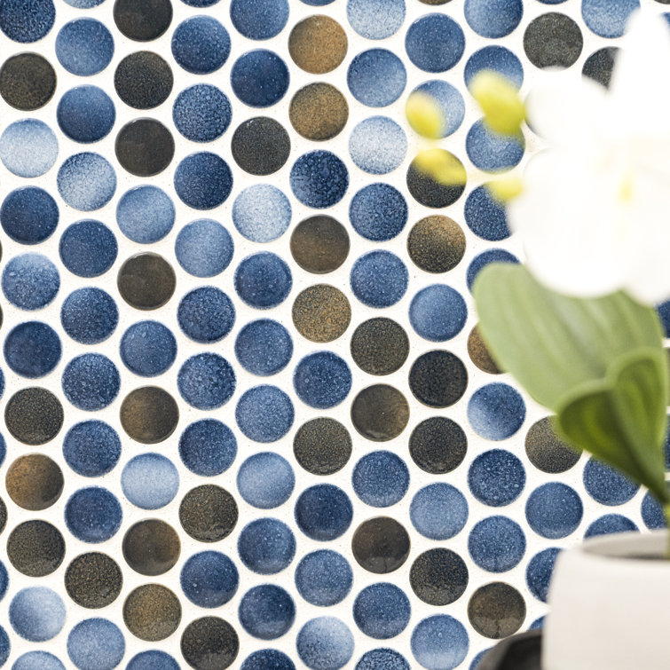 Azul Glossy Penny Round Porcelain Mosaic Tile 12" x 13"