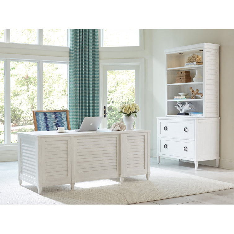 White Wood Executive Desk with Drawers and Power Outlet