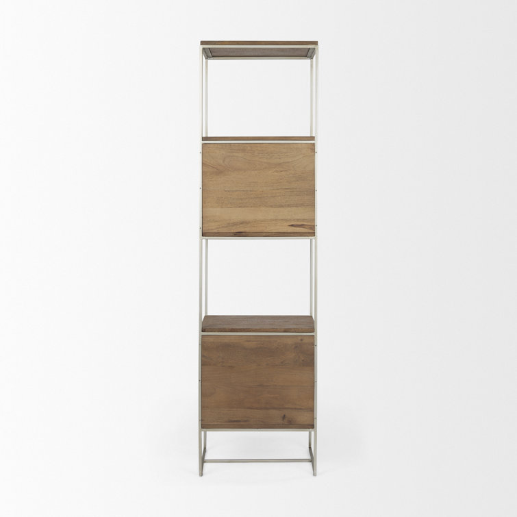 Sagan Narrow Brown Wood and Silver Metal Etagere Bookcase