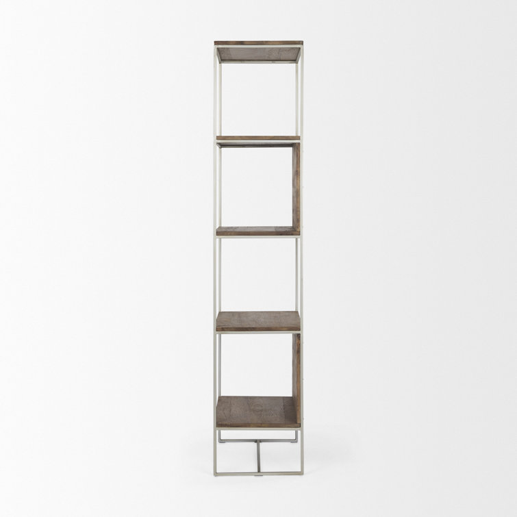 Sagan Narrow Brown Wood and Silver Metal Etagere Bookcase