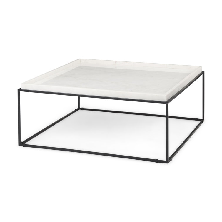 Nathan Square White Marble Top Black Metal Base Coffee Table